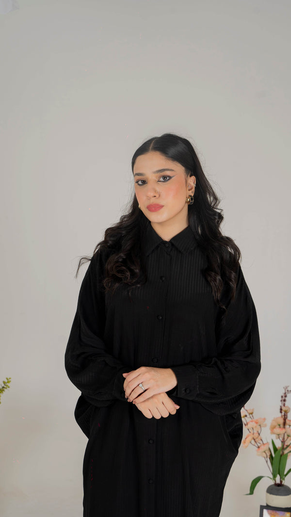 Luxe Appliqué Embroidered Long Shirt in Soft Grip Fabric (Black) - Muze London