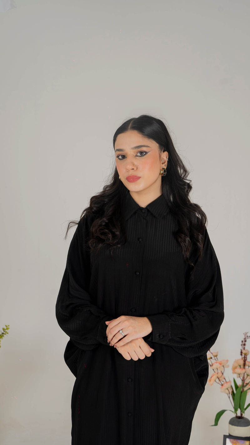Luxe Appliqué Embroidered Long Shirt in Soft Grip Fabric (Black) - Muze London